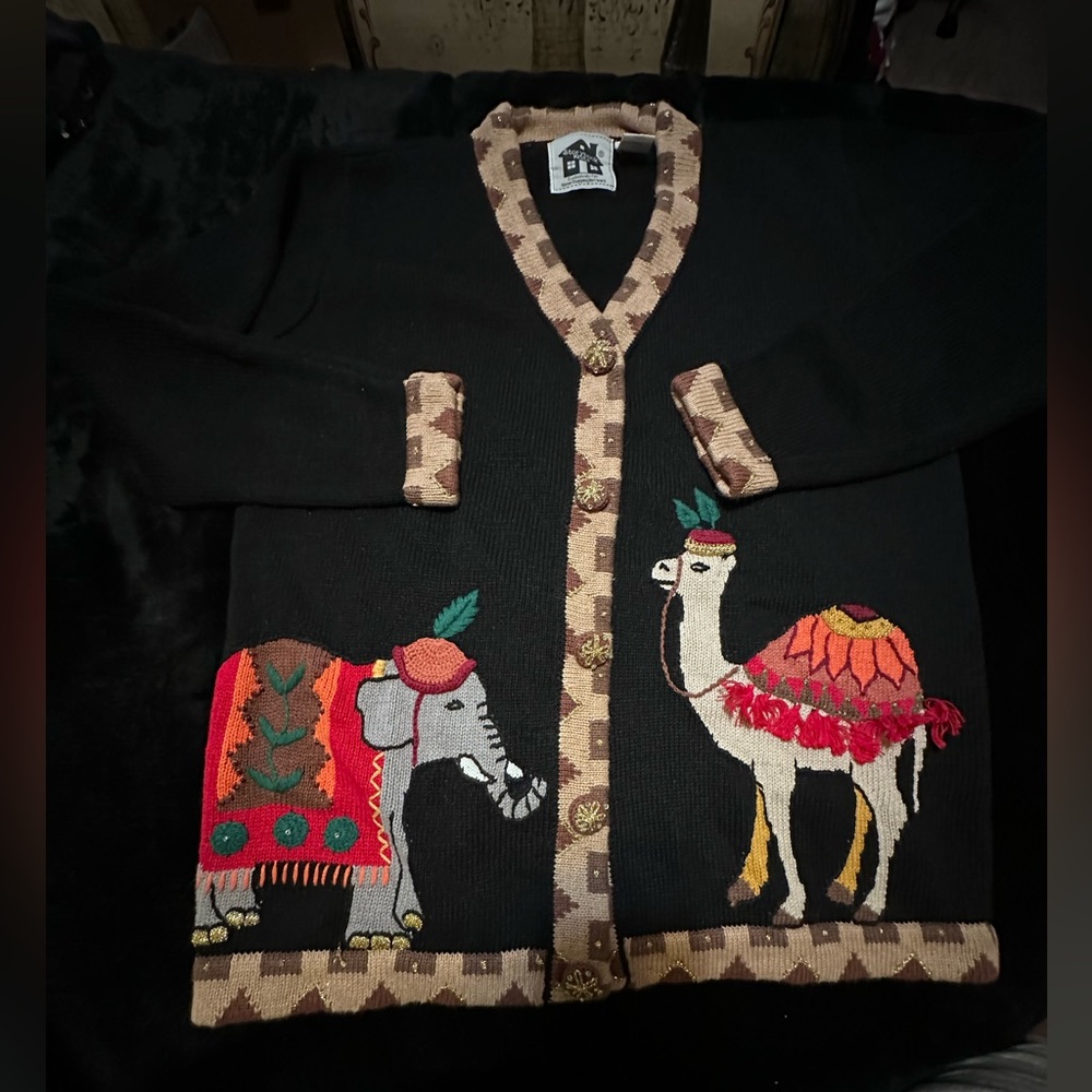 STORYBOOK KNITS Black Ramie Cotton Cardigan Embellished 3-D Lavish Designs SM